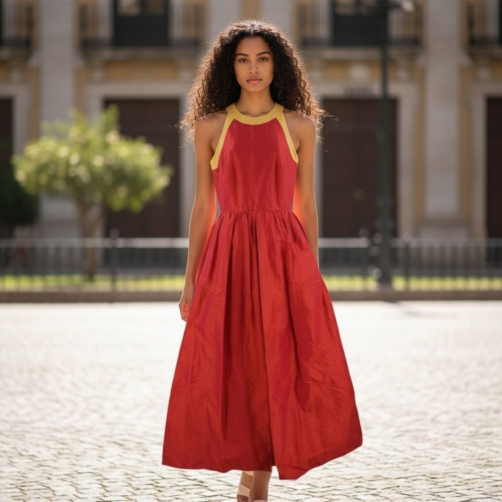 Vintage Metallic Red- Orange Split Dress Gown